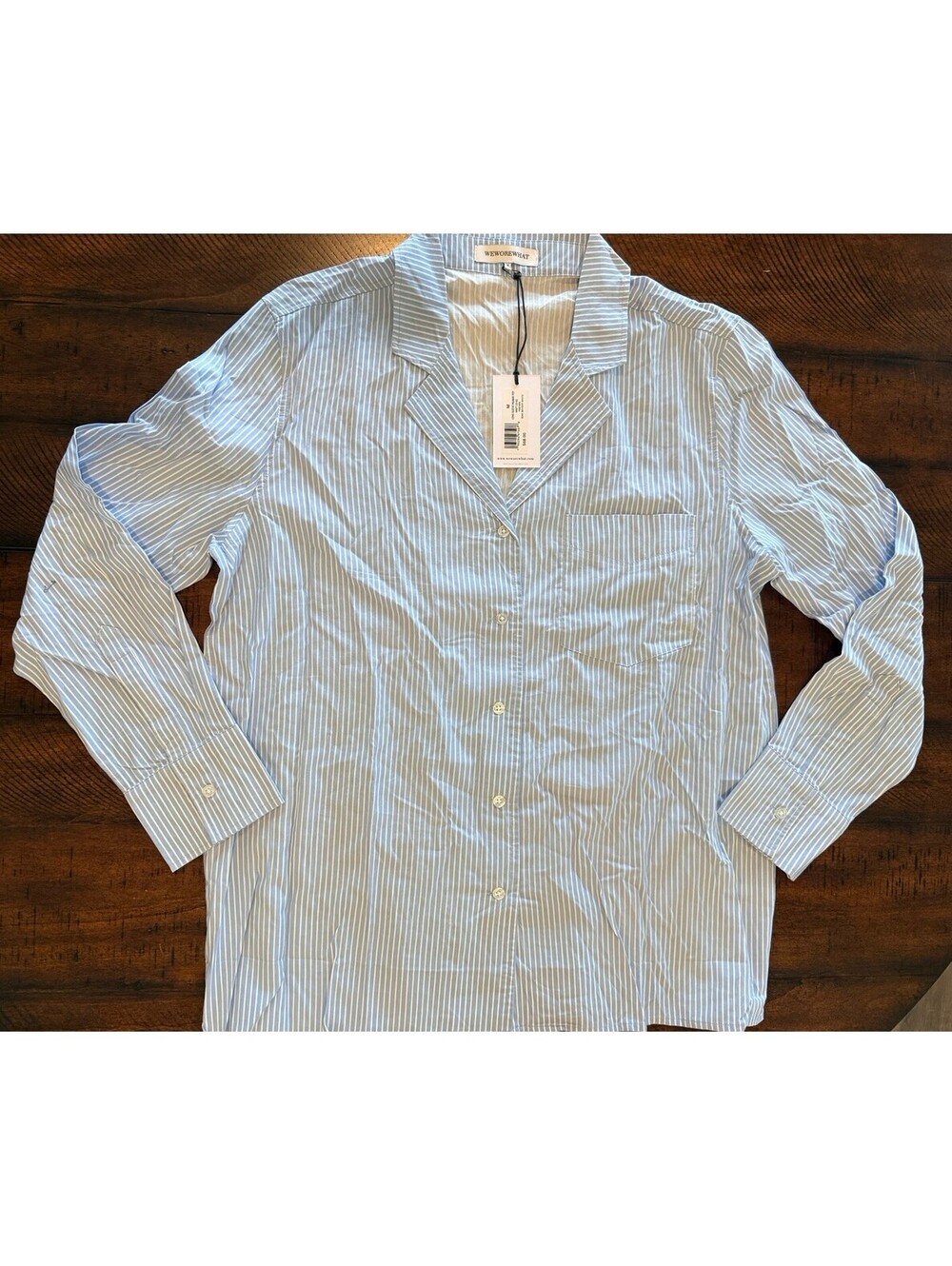 WEWOREWHAT Long Sleeve Pajama Top Pinstripe Sky/Off White, Size Medium  MSRP $68
